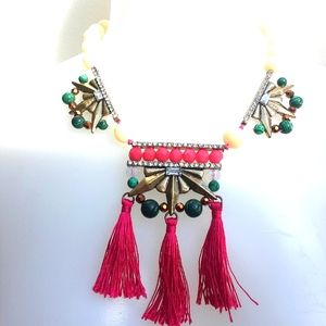Boho Moroccan Beaded Jeweled Tassel Statement Necklace